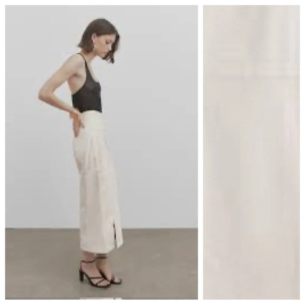 NWT. Massimo Dutti Studio Off White Leather Midi Skirt with Front Slit Size XS.